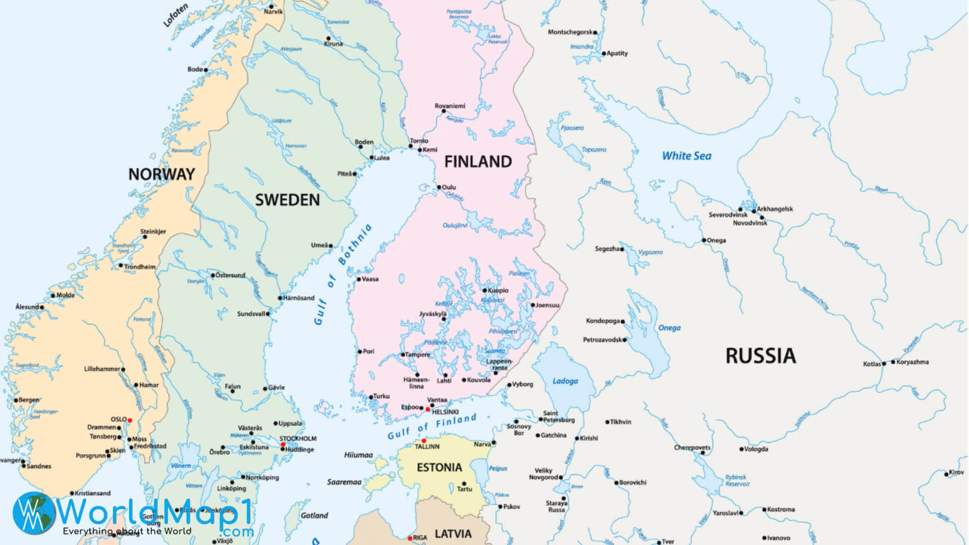Skandinavische Länderkarte mit Lettland und Russland